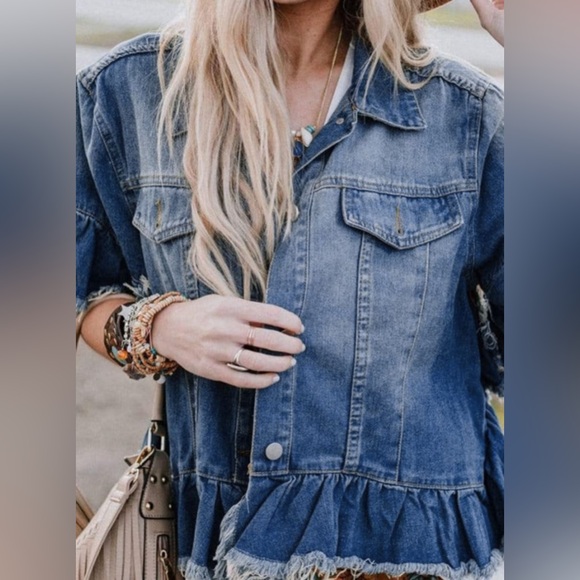 Blue Raw Edge Ruffled Short Sleeve Denim Jacket - Picture 2 of 6